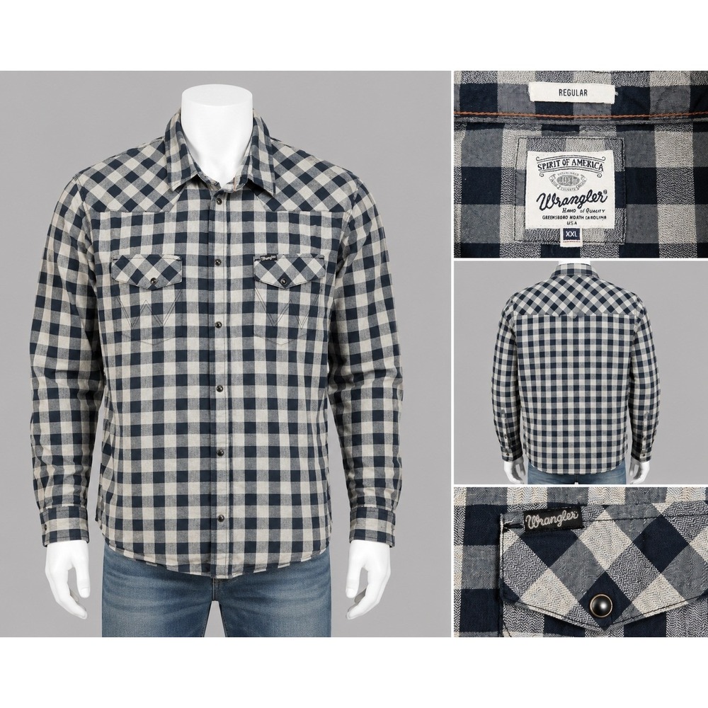 Wrangler Spirit of America Western Plaid Snap Shirt Men's XXL Gray Black Cotton